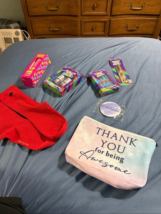 Head Over Heels Handbags - 'Pouch with mirror, socks, Cinnamon Toast Crunch items and Trader Joe’s lip duo